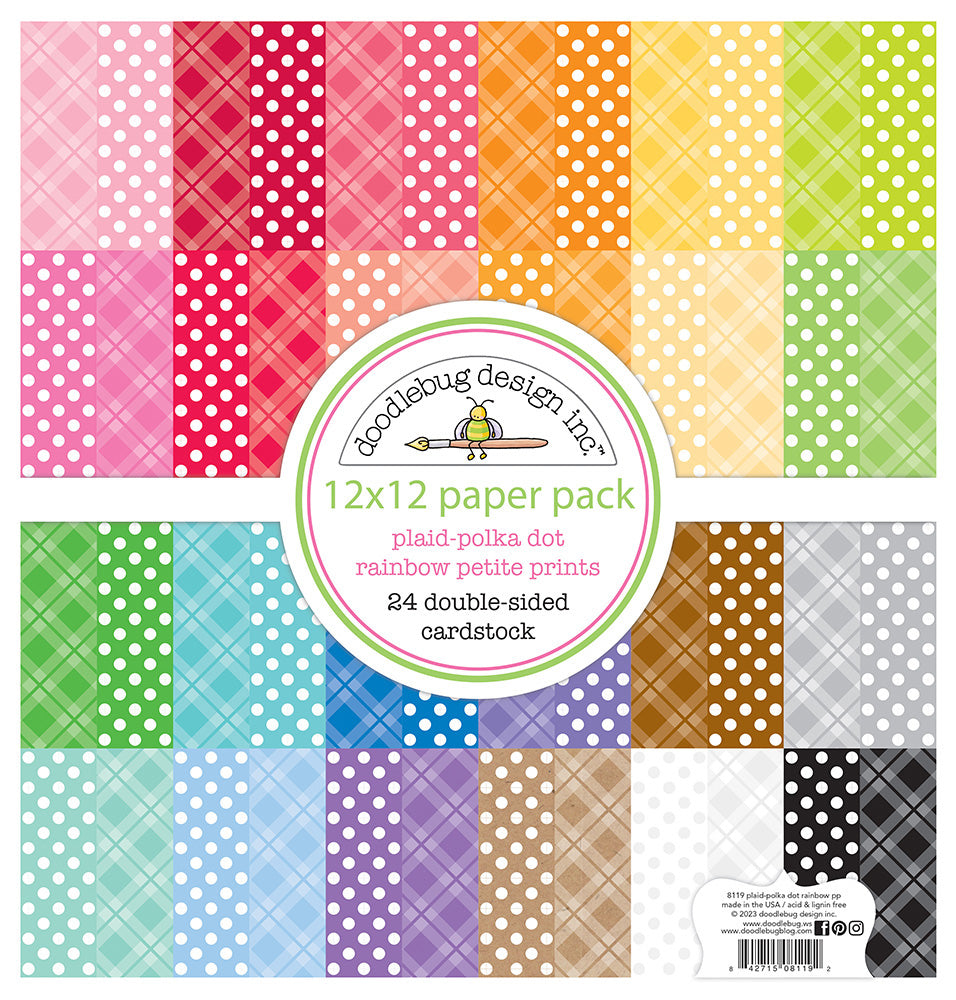 Doodlebug Design - Monochromatic Collection - 12 x 12 Paper Pad - Plaid and Polka Dot - Rainbow - Petite Print Assortment